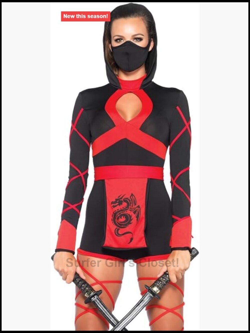Sexy Dragon Ninja Costume 3pc Hooded Romper Waist Sash Face Mask Halloween